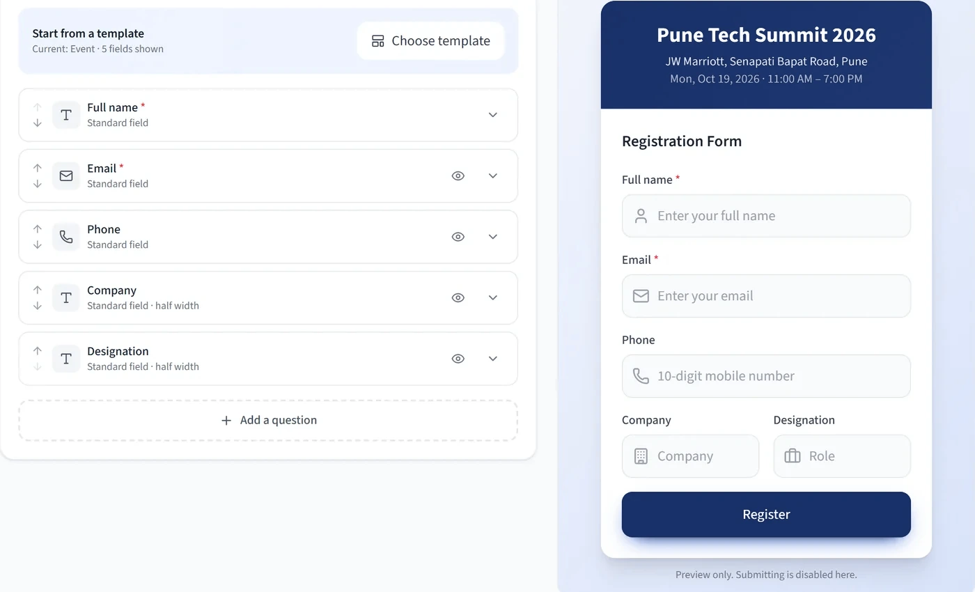 Registration form builder with a live preview of the published form