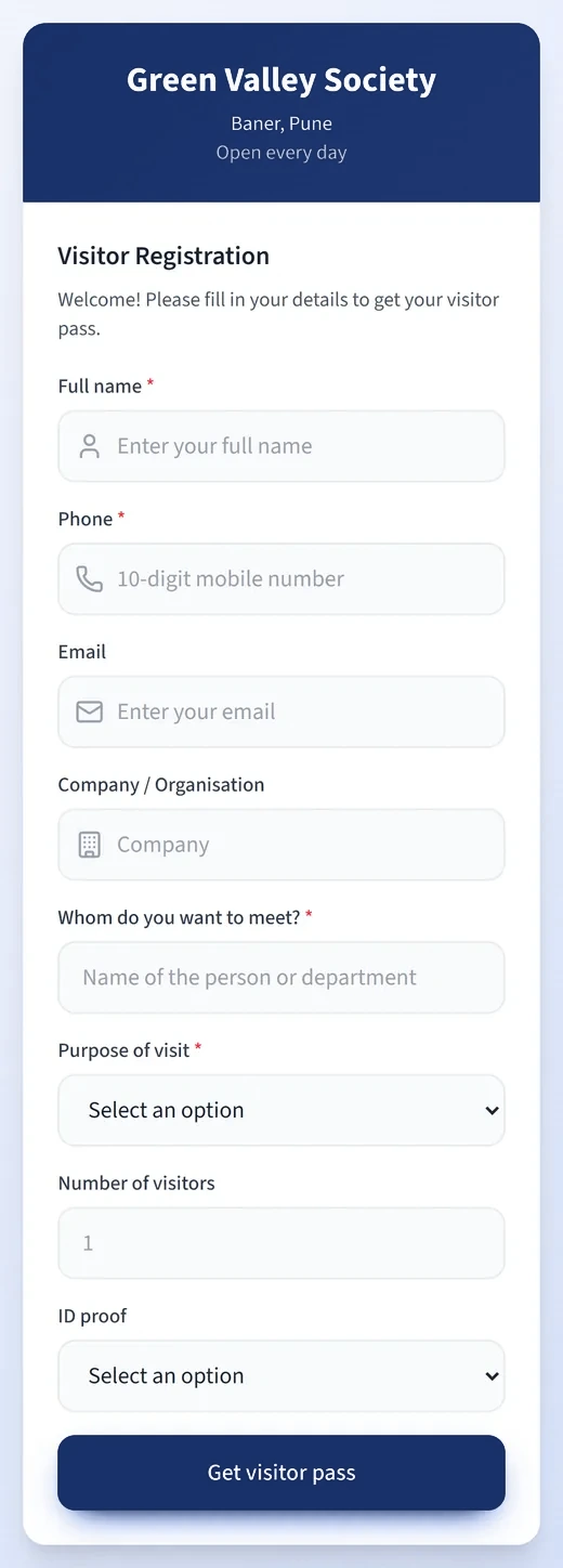 Visitor registration form on a phone