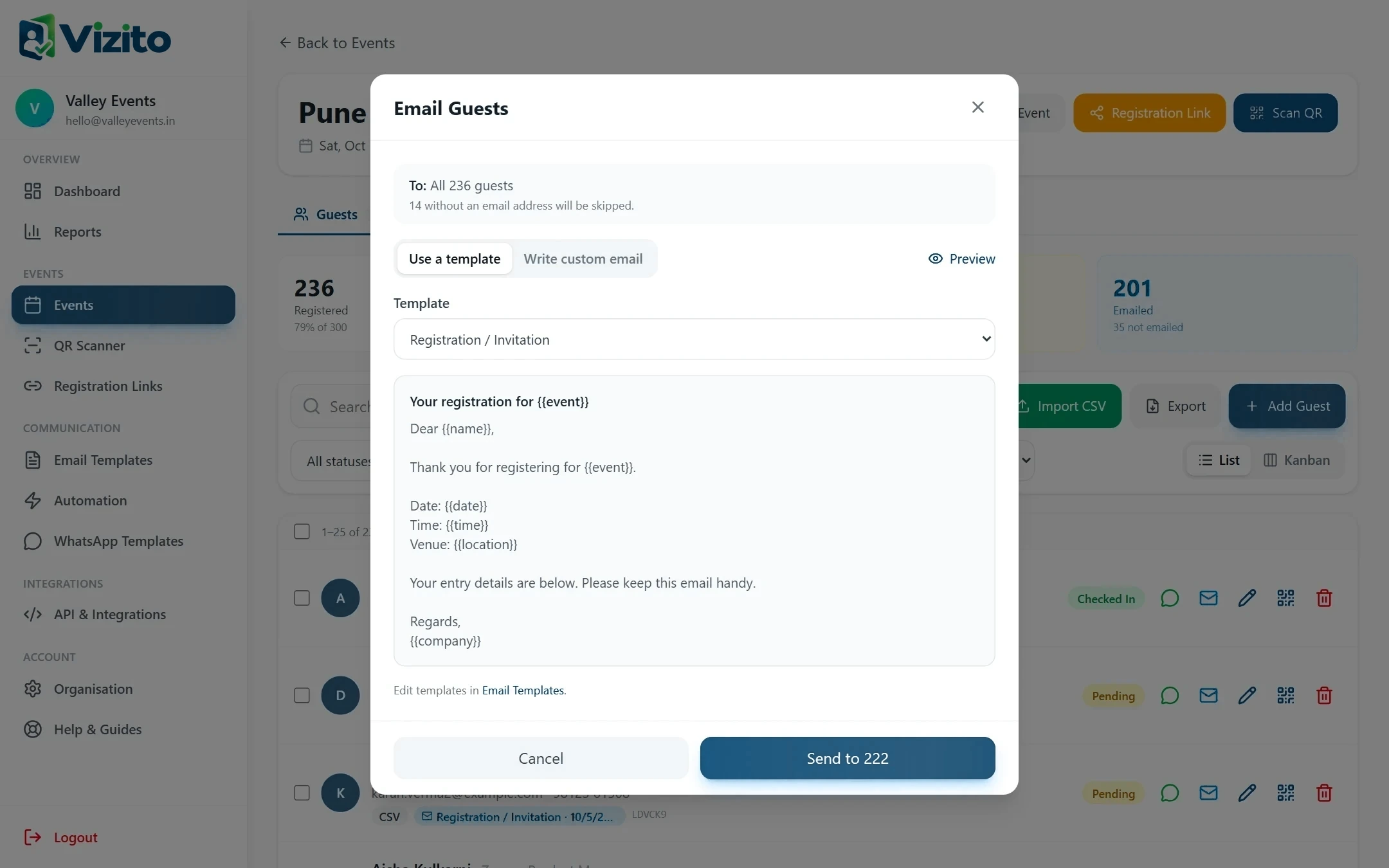 Email composer with template, placeholders and live preview