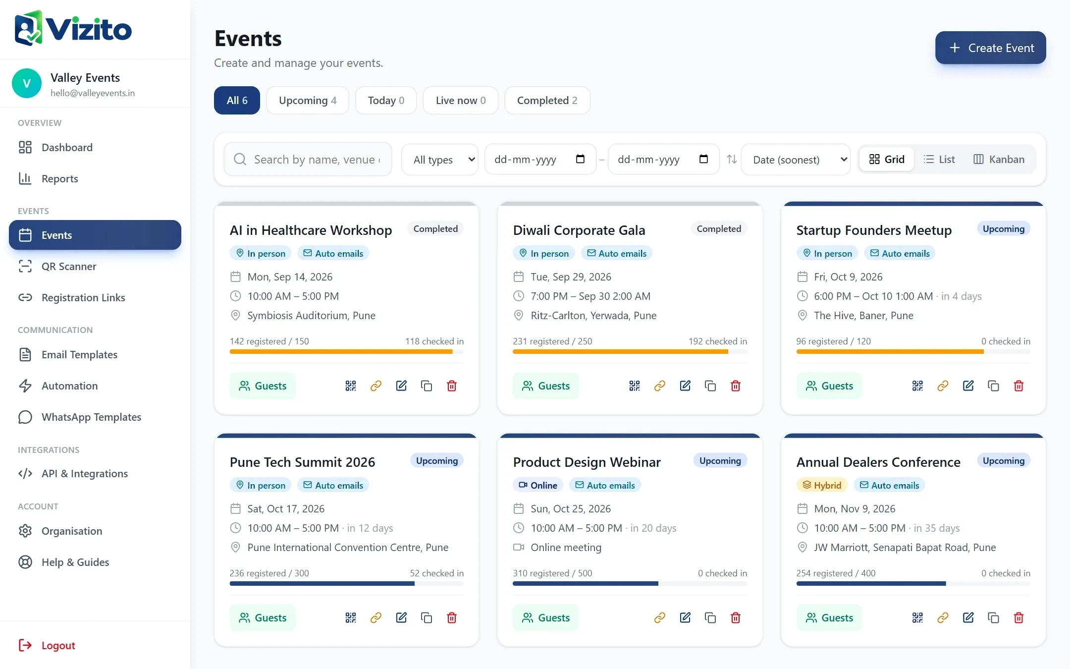 Events list with in-person, online and hybrid events