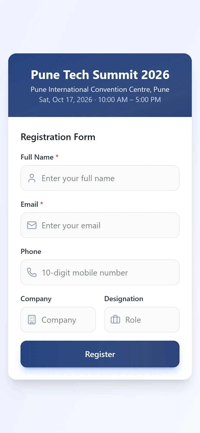 Mobile event registration form